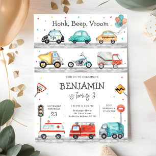 Invitación de cumpleaños para niños con vehículo d