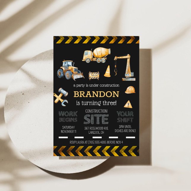Invitación de cumpleaños para niños de 3 años con  (Construction 3rd Boys Birthday Party Invitation)