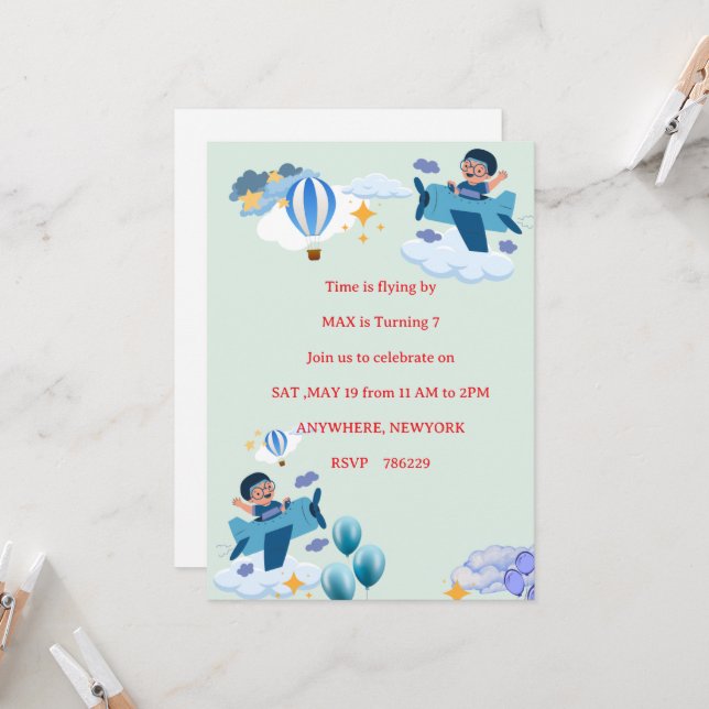 Invitación de Cumpleaños para Niños de Avión Adora (Anverso/Reverso In Situ)