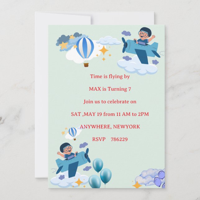 Invitación de Cumpleaños para Niños de Avión Adora (Anverso)