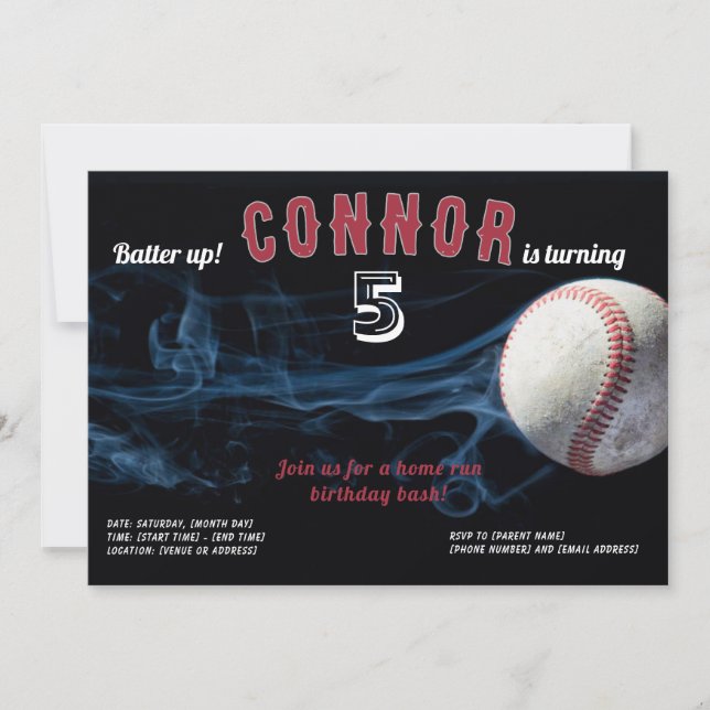 Invitación de cumpleaños para niños de béisbol (Anverso)