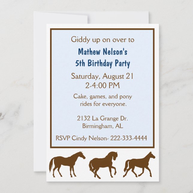 Invitación de cumpleaños para niños de caballos (Anverso)