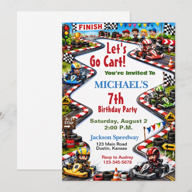 Invitación de cumpleaños para niños de carreras de (Anverso / Reverso)