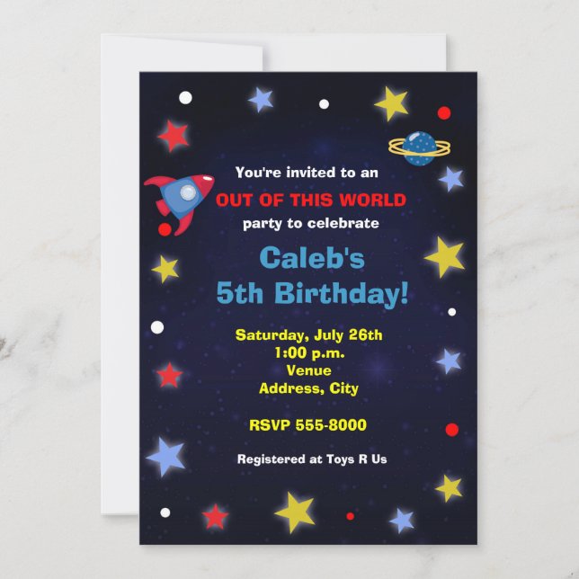 Invitación de cumpleaños para niños de cohete del  (Anverso)