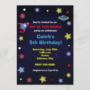 Invitación de cumpleaños para niños de cohete del