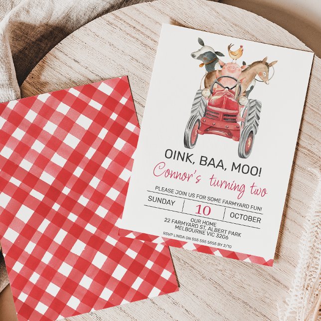 Invitación de cumpleaños para niños de color acuát (Modern farm themed birthday invitation featuring some cute farm animals and red tractor.)