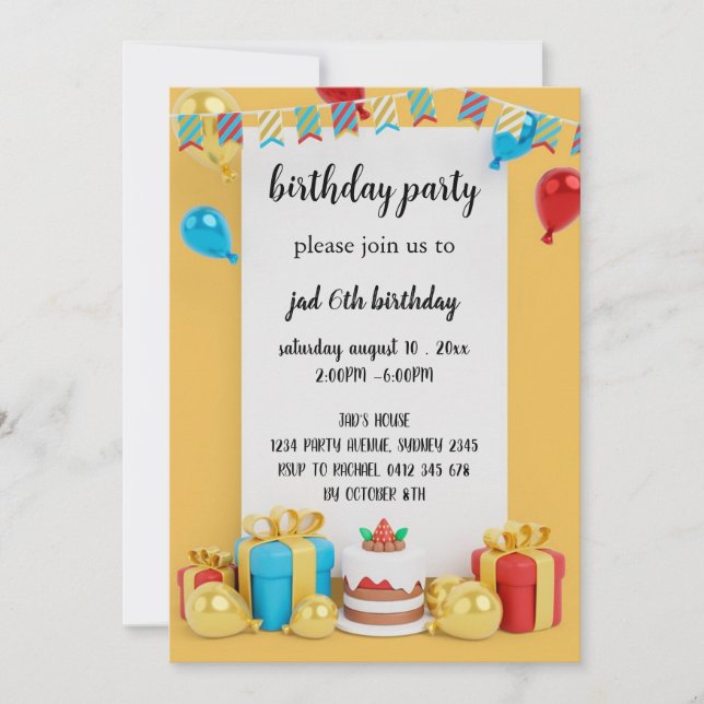 invitación de cumpleaños para niños de color rojo  (Anverso)