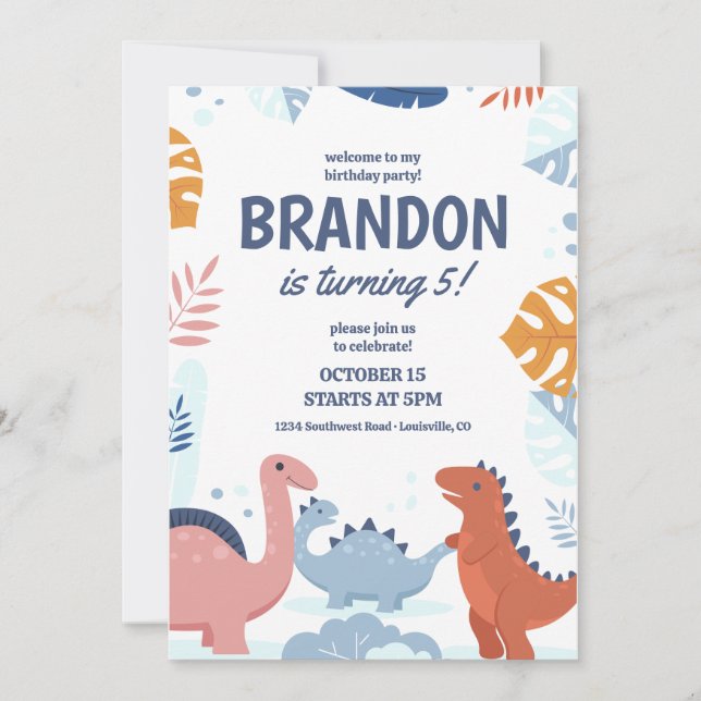 Invitación de cumpleaños para niños de dinosaurios (Anverso)