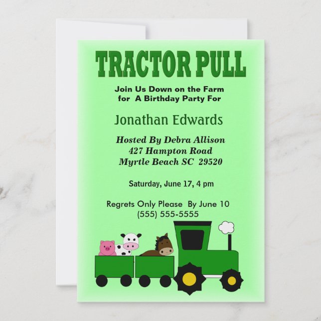 Invitación de cumpleaños para niños de granja (Anverso)