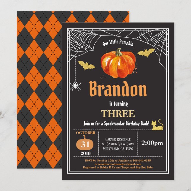 Invitación de cumpleaños para niños de Halloween.  (Anverso / Reverso)