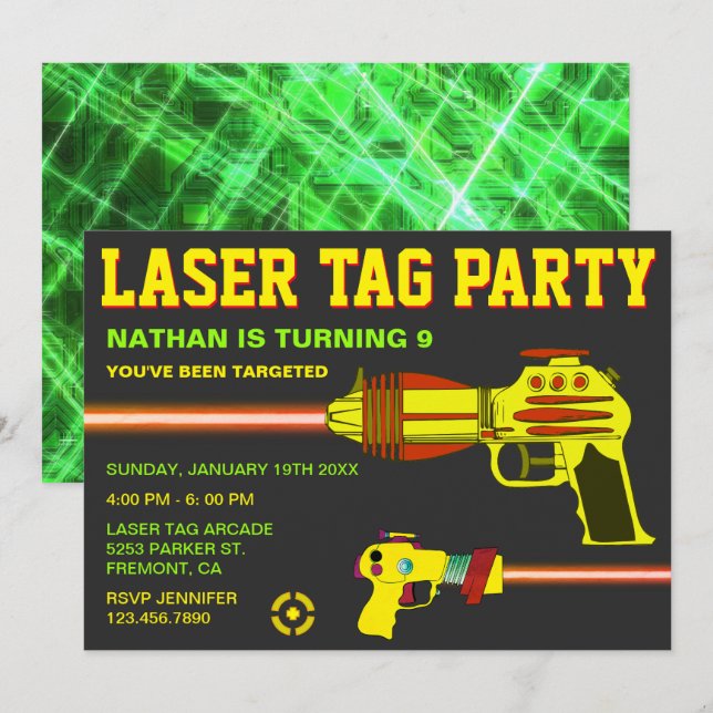 Invitación de cumpleaños para niños de Laser Tag (Anverso / Reverso)