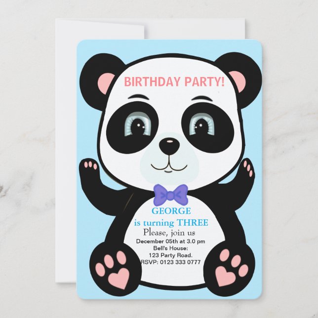 Invitación de cumpleaños para niños de osito panda (Anverso)