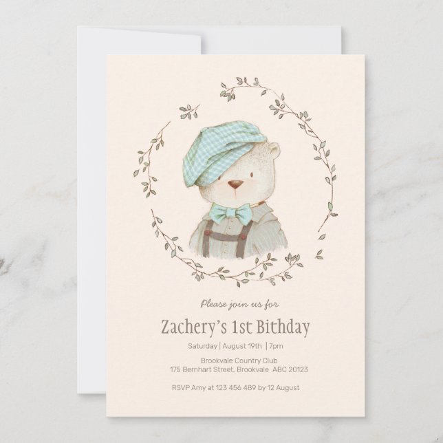 Invitación de cumpleaños para niños de oso ventila (Anverso)