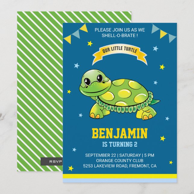 Invitación de cumpleaños para niños de tortuga ver (Anverso / Reverso)
