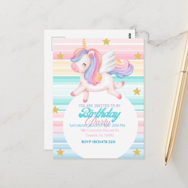 Invitación de cumpleaños para niños de Unicornio (Anverso/Reverso In Situ)