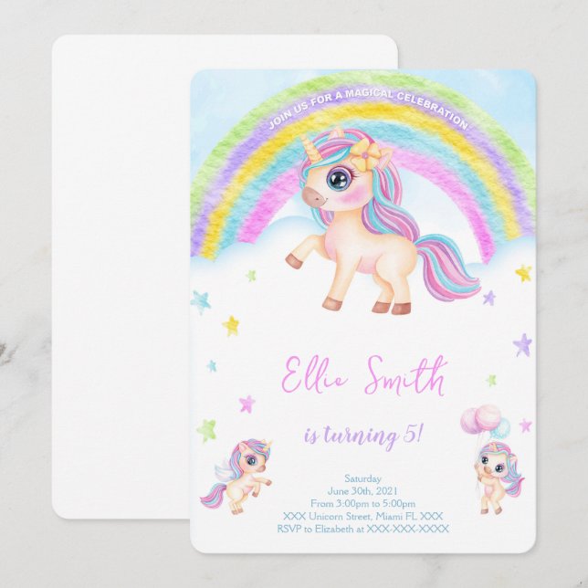 Invitación de cumpleaños para niños de unicornio (Anverso / Reverso)