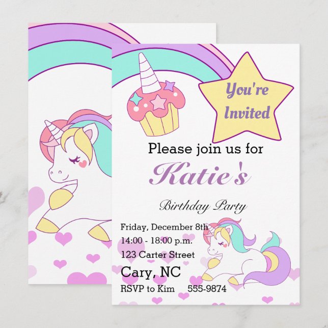 Invitación de cumpleaños para niños de Unicornio m (Anverso / Reverso)