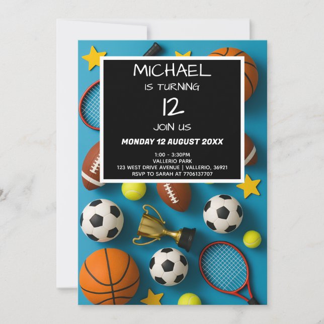 Invitación de cumpleaños para niños deportes moder (Anverso)