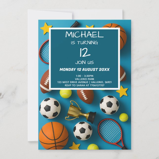 Invitación de cumpleaños para niños deportes moder (Anverso)