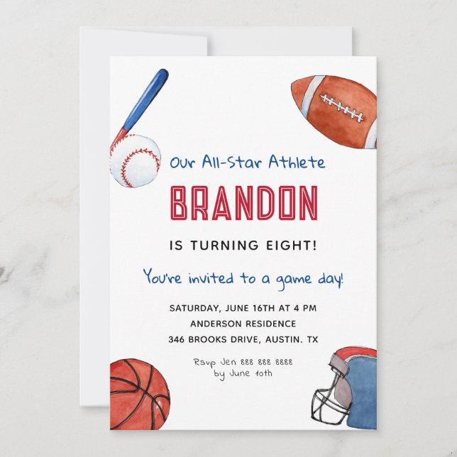 Invitación de cumpleaños para niños deportivos (Anverso)