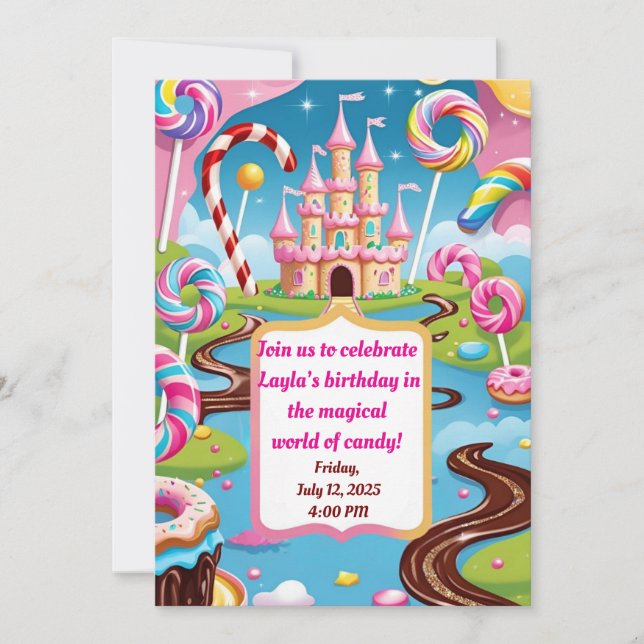 Invitación de cumpleaños para niños en Candyland d (Anverso)