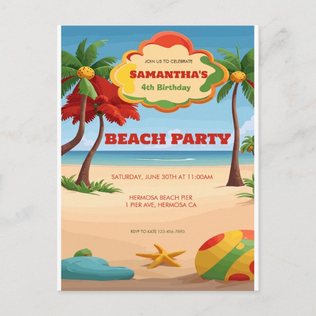Invitación de cumpleaños para niños en la playa tr (Anverso)