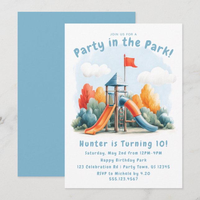 Invitación de Cumpleaños para Niños Fiesta en el P (Anverso / Reverso)