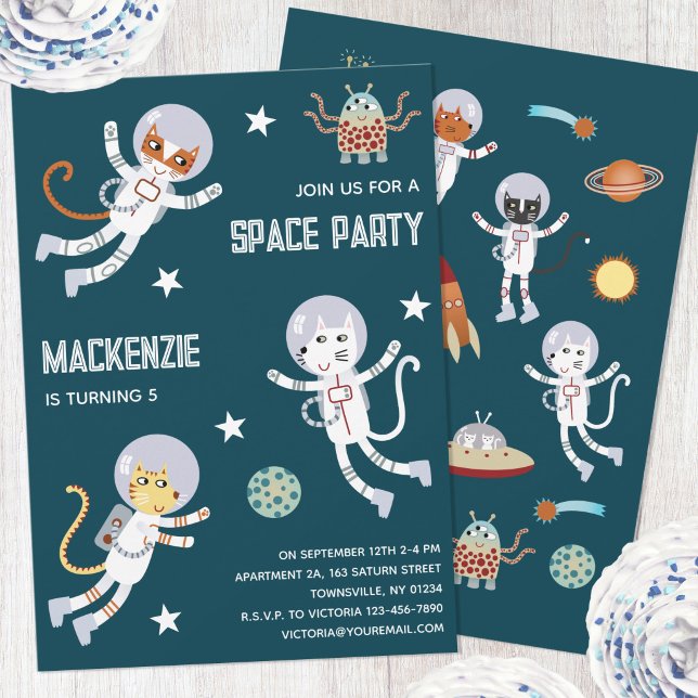 Invitación de cumpleaños para niños, gatos diverti (Fun space party cat astronaut personalized kids birthday party invitation)