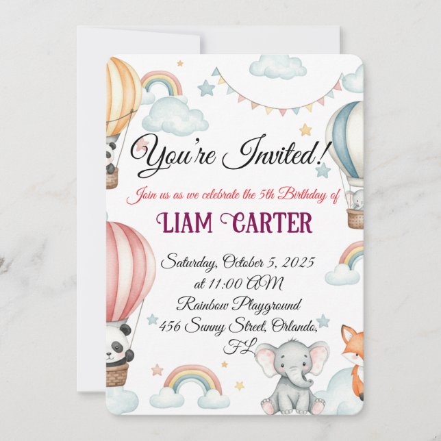 Invitación de cumpleaños para niños - Globo calien (Anverso)