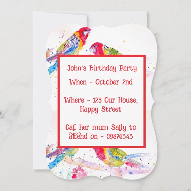 Invitación de cumpleaños para niños Loriculus rojo (Anverso)