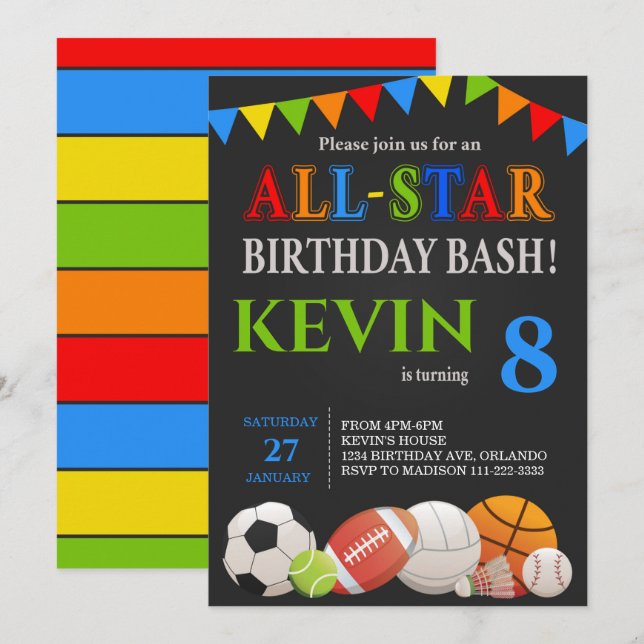 Invitación de cumpleaños para niños modernos (Anverso / Reverso)