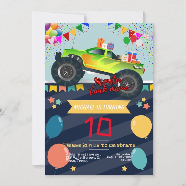 Invitación de cumpleaños para niños: Monster truck (Anverso)
