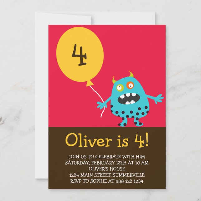Invitación de cumpleaños para niños - Monstruo azu (Anverso)