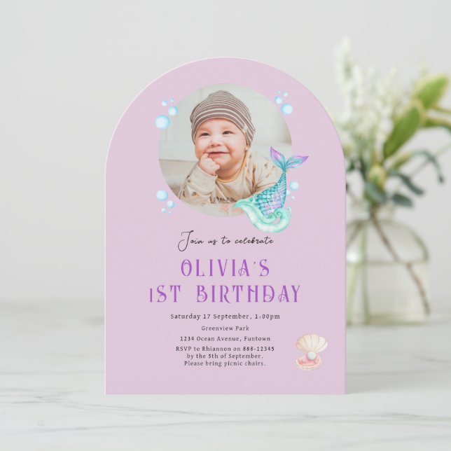 Invitación de cumpleaños para niños, morado (Anverso de pie)
