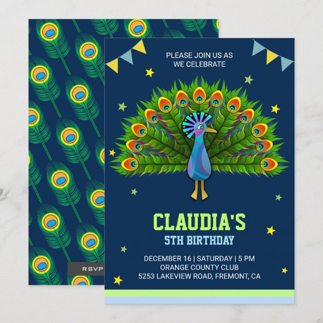 Invitación de cumpleaños para niños Pavo Real Eleg (Anverso / Reverso)