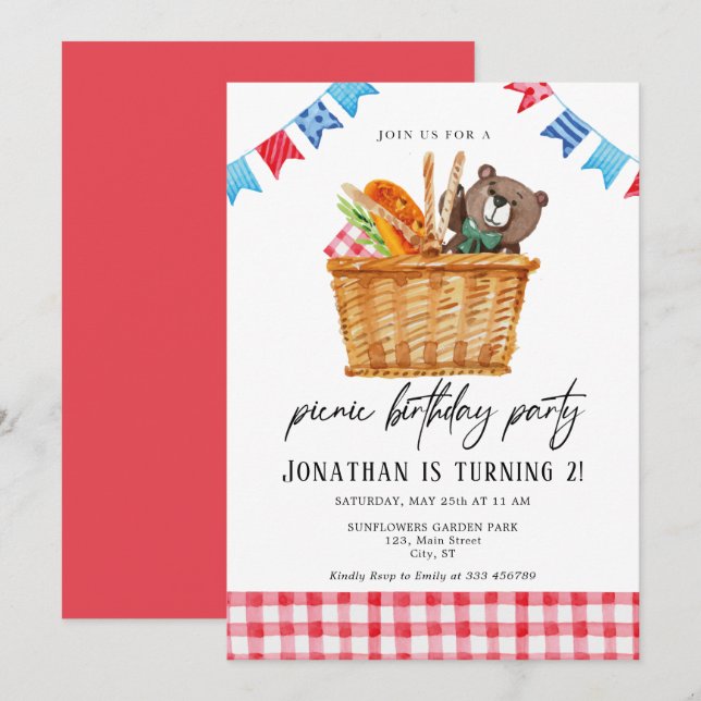 Invitación de cumpleaños para niños picnic (Anverso / Reverso)