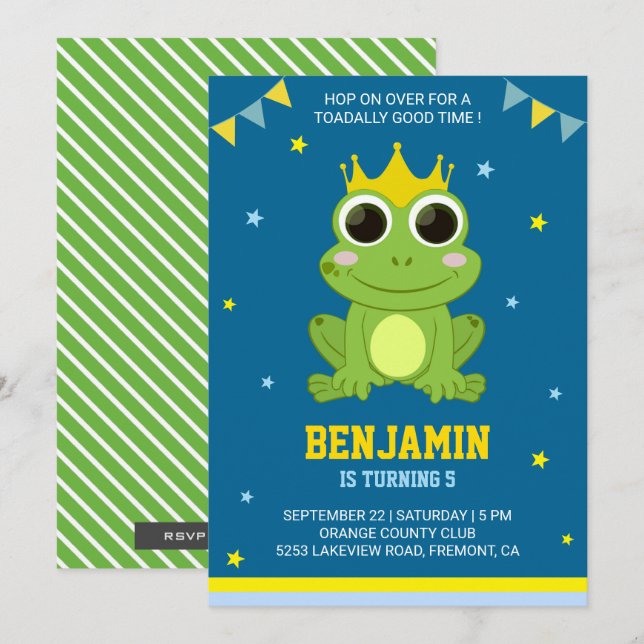 Invitación de cumpleaños para niños Rana Verde Ado (Anverso / Reverso)
