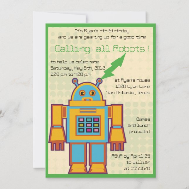Invitación de cumpleaños para niños Retro Robot -3 (Anverso)