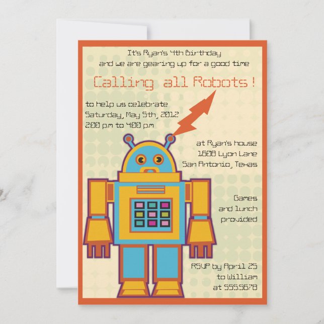 Invitación de cumpleaños para niños Robot Retro -4 (Anverso)