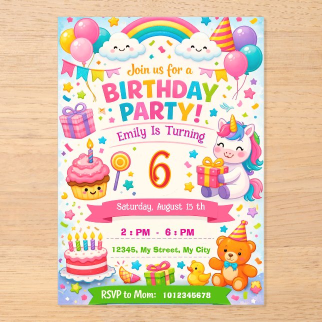 Invitación de Cumpleaños para Niños | Unicornio, G (Anverso)