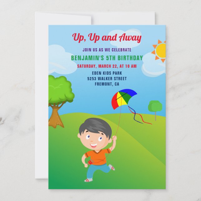 Invitación de cumpleaños para niños volando cometa (Anverso)