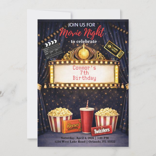 Invitación de cumpleaños para noche de cine  (Anverso)