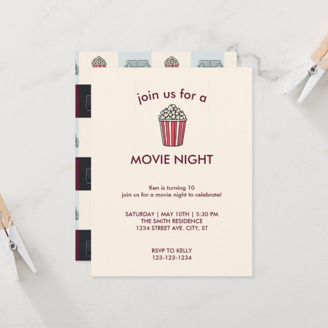Invitación de cumpleaños para noche de cine (Anverso/Reverso In Situ)