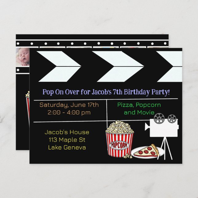 Invitación de cumpleaños para noche de cine (Anverso / Reverso)