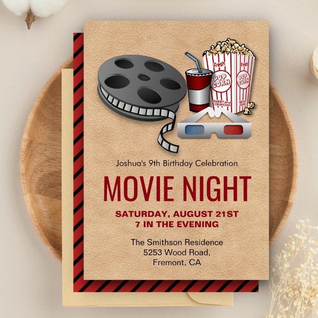 Invitación de cumpleaños para noche de cine en roj (Subido por el creador)