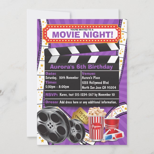 Invitación de cumpleaños para Noche de Cine Hollyw (Anverso)