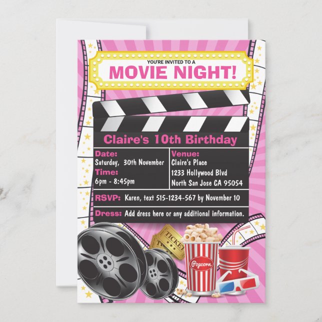 Invitación de cumpleaños para Noche de Cine Hollyw (Anverso)