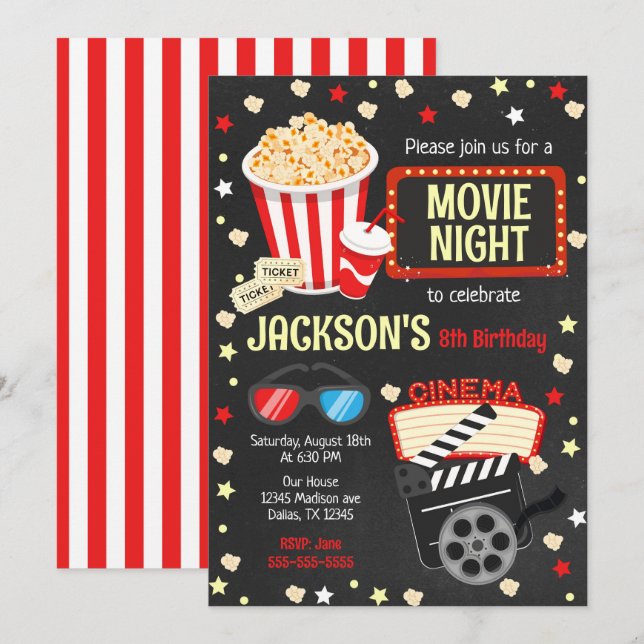 Invitación de cumpleaños para noche de cine para n (Anverso / Reverso)