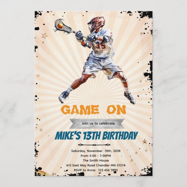 invitación de cumpleaños para partido de lacrosse  (Anverso)