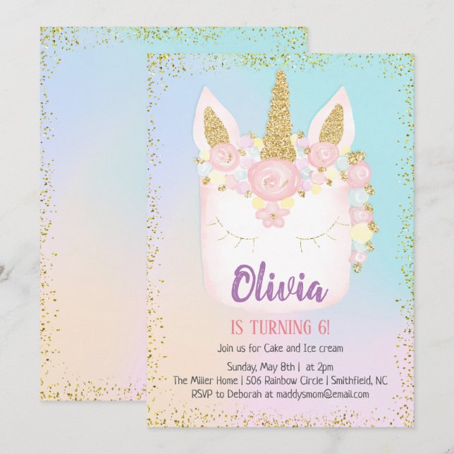 Invitación de cumpleaños para pastel de arcoíris d (Anverso / Reverso)